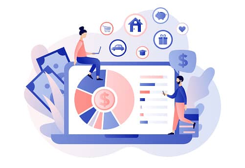 Budget management. Personal financial control. Cash flow. Tiny people is planning the personal budget online. Modern flat cartoon style. Vector illustration PPC