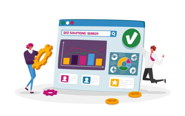 Seo, Search Engine Optimization, Business Data Analysis Concept. Marketing Strategy, Analytics with Tiny Characters Analyzing Financial Statistics Data Charts on Pc. Cartoon People Vector Illustration Web Design Services TX