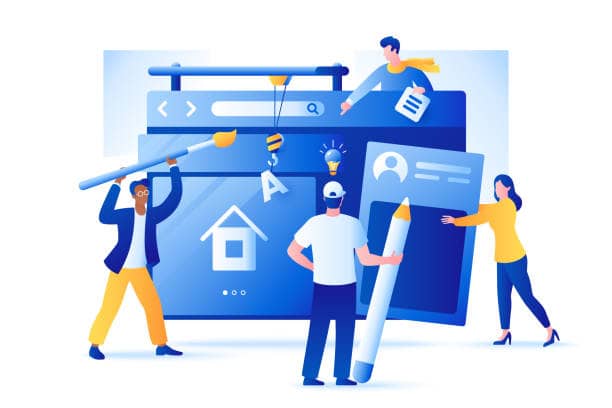 Web Development vector illustration. Group of people create a website. Characters build web page interface design. Flat style. Isolated on white. website development texas