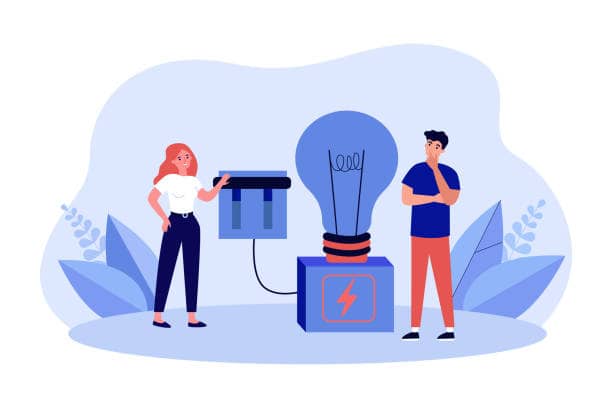 Woman pushing toggle switch, lighting bright light bulb. Tiny persons standing with electric lamp flat vector illustration. Business idea concept for banner, website design or landing web page Business Idea With PPC